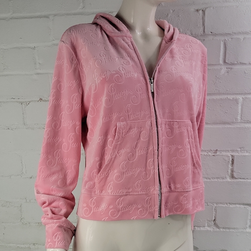 Juicy Couture Light Pink All-over Print Velour Hooded Jacket Womens XL